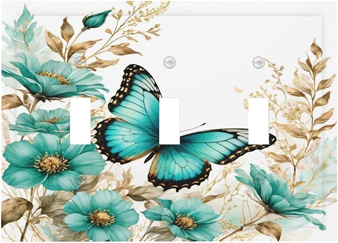 Decorative Light Switch Cover Plate Butterfly on Blue Daisy Flower Floral Golden Leaf 3 Gang Wall Plate Oversized Triple Toggle Switch Cover Plate Jumbo Electrical Face Plate