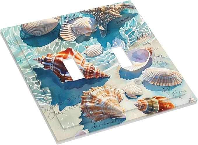 Decorative Switch Plates Ocean Waves Starfish Conch Scallop Shell 2 Gang Double Toggle Outlet Light Switch Cover Wall Plate Electrical Faceplate For Kids Room Nursery Decor