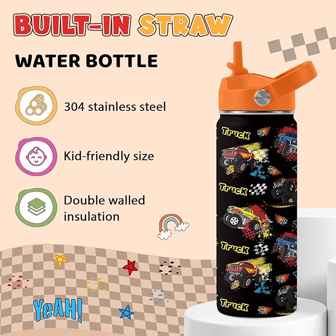 Truck Gifts for Kids - 18 Oz Kids Water Bottle with Straw Lid, Stainless Steel Insulated Tumbler, Leak Proof, BPA-Free, for Girls, School, Travel - Truck Lovers Children Birthday Gifts Cups(1pc)