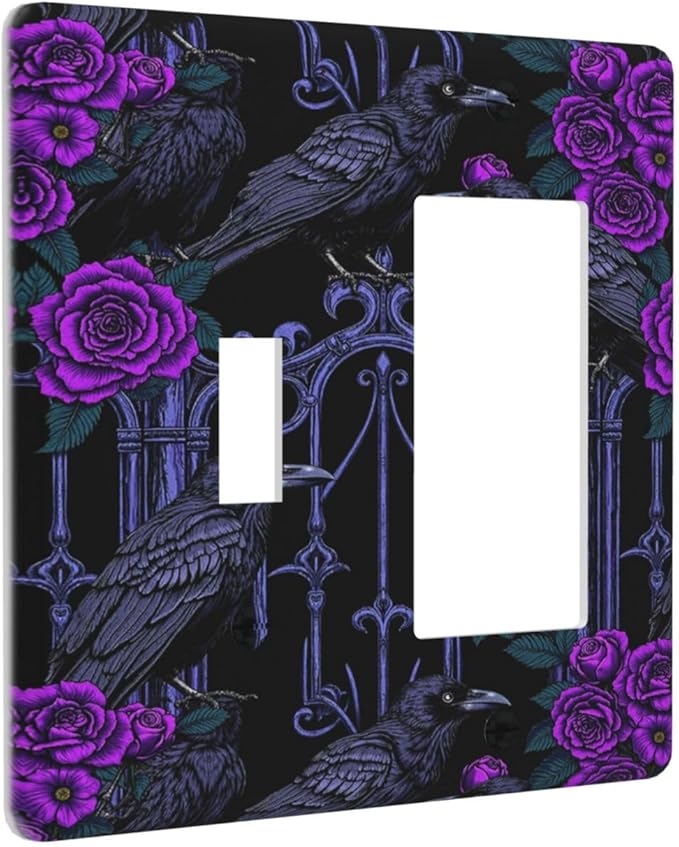 Outlet Covers Gothic Style Crow Purple Flowers 1 Toggle 1 Rocker Combination Decorative Wall Plate Light Switch Cover Plate Electrical Switch Plates for Bedroom living Room Decor
