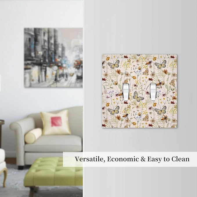 Vintage Butterflies 2 Gang Double Toggle Wall Plates Colorful Wildflower Light Switch Cover Decorative Cute Bees Electrical Switchplate Faceplate Beige Flower Leaves Dimmer Decor for Bedroom Kidroom