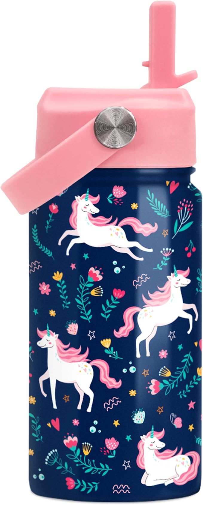 Unicorn Water Bottle - Kids Water Bottle Straw Lid - Insulated 12 Oz Stainless Steel Water Bottles for Kid Girl - Travel Cup for School Sports