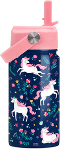 Unicorn Water Bottle - Kids Water Bottle Straw Lid - Insulated 12 Oz Stainless Steel Water Bottles for Kid Girl - Travel Cup for School Sports