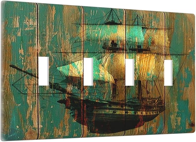 Light Switch Covers Rustic Green Wood Grain Sailboat Quad Toggle 4 Gang Wall Plate Electrical Faceplate Decorative Switch Plates for Farmhouse Bedroom Decor