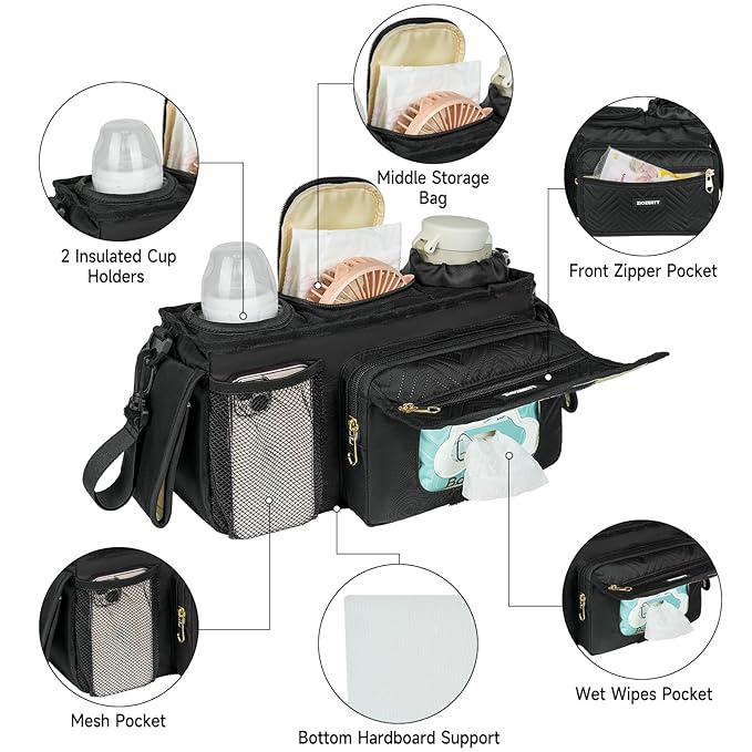 Universal Stroller Organizer with Insulated Cup Holders,Large Capacity Non-Slip Stroller Caddy Bag Fits for Uppababy/Doona/Jogger/Britax/Mompush/BoB with Anti-Sag Hard Bottom and Wet Wipes Pocket