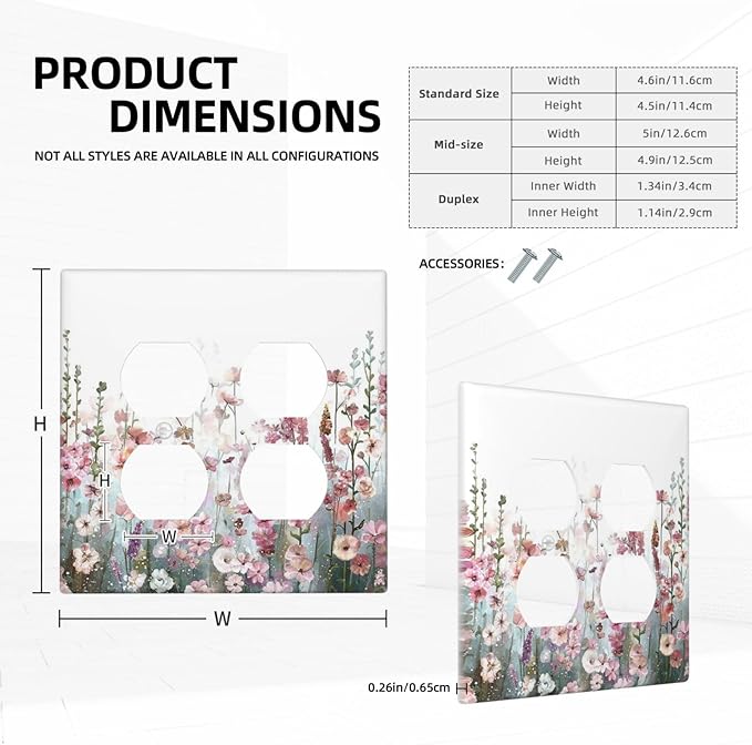 Colorful Flowers Pink Floral Watercolor Plant Outlet Covers 2 Gang Double Duplex Decorative Light Switch Covers Electrical Wallplates Socket Faceplate for Bed Room Living Room Decor