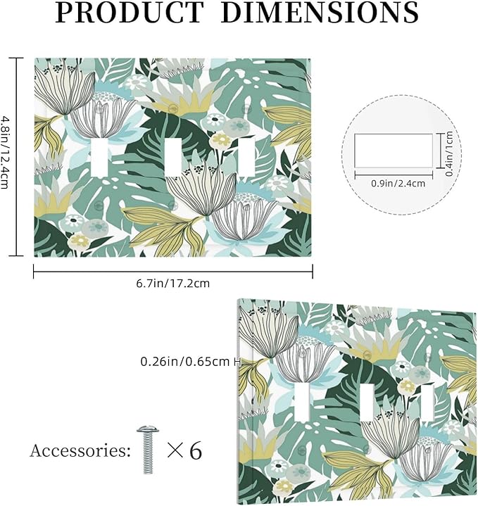 Retro Tropical Leaves 3 Gang Light Switch Cover Triple Toggle Wall Plates Decorator Receptacle Outlet Covers Electrical Switchplate Faceplate for Bedroom Bathroom Kitchen Decor