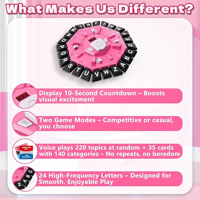 Resflycheng Word Game Family Board Game with Digital Display Timer, 2 Modes, 35 Double-Sided Cards, Fun Fast-Paced 24-Letter Game for Learning Party Interactive, 2+ Players, Ages 3 & Up (Pink)