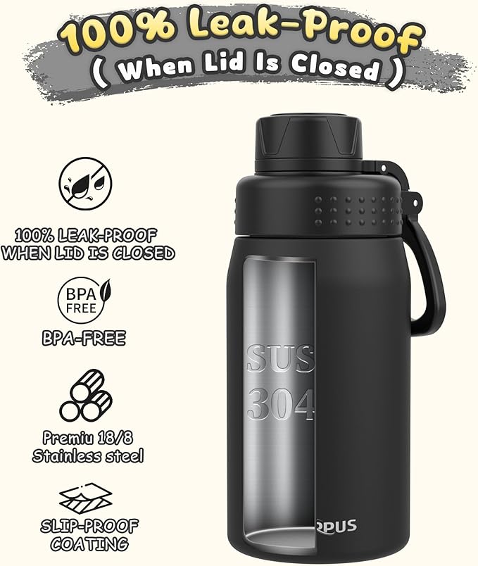 GOPPUS 15oz Kids Water Bottle with Spout Lid, Toddler Water Bottle, Stainless Steel Insulated Water Bottle, Leakproof, BPA Free, Suitable for Boys and Girls for School（Black）