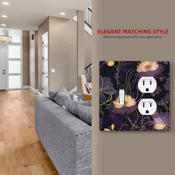 Modern Boho Vintage Gold Purple Dark Floral Modern Abstract Flowers Wallplates 1 Toggle 1 Duplex Electrical Gfci Faceplate Decorative Light Switch Covers Switch Plate for Bedroom Living Room Decor