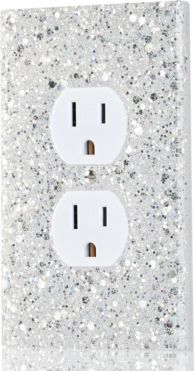 Silver Glitter Outlet Covers - Sparkling Wall Plate 5.1"x3.15", Unique Gift for Home Decor,Single Duplex