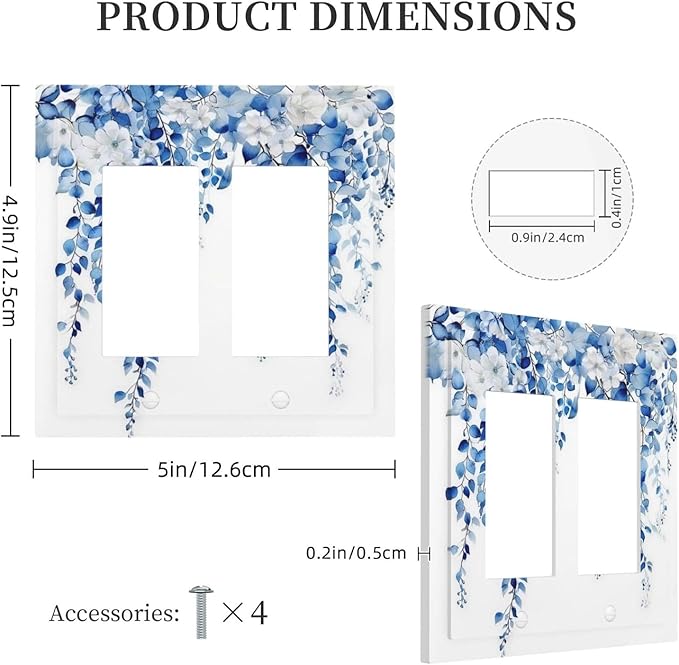 Blue Eucalyptus Leaves Floral Vine Flower Decorative Outlet Covers 2 Gang Double GFCI Rocker Electrical Wall Panels Light Switch Cover Plate for Bedroom Living Room Decor