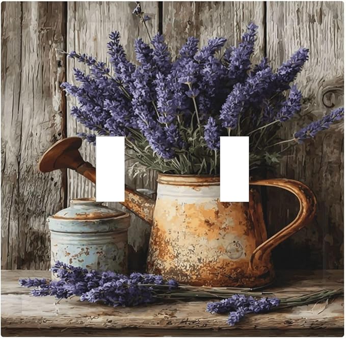 Rustic Flowers Lavender Purple Floral Oil Painting Decorative Switch Plates 2 Gang Double Toggle Outlet Light Switch Cover Wall Plate Electrical Faceplate for Farmhouse Bedroom Decor