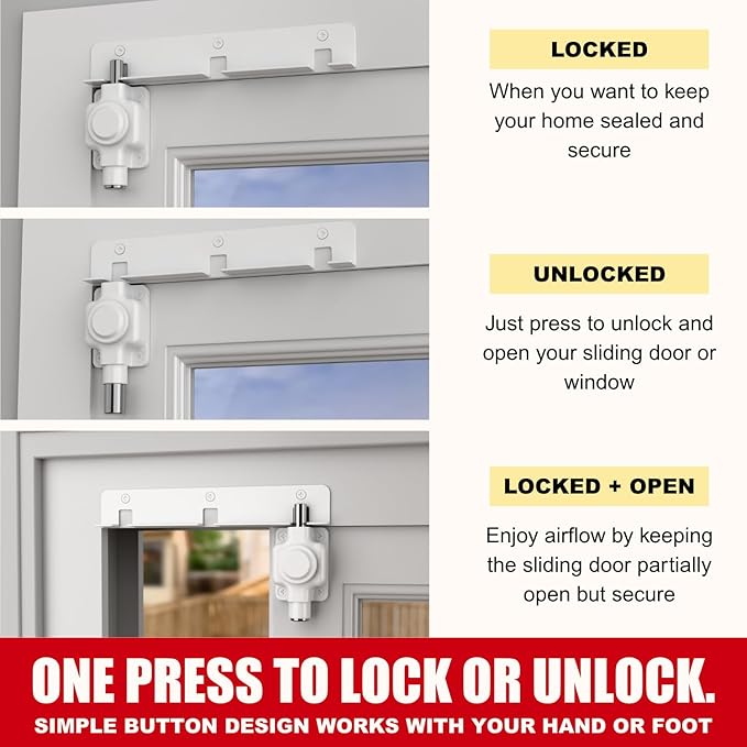 Securityman Sliding Door Lock | Sliding Glass Door Lock for Child Safety, Pet, Patio, & Adjustable Ventilation with Button Actuation, Metal Shaft