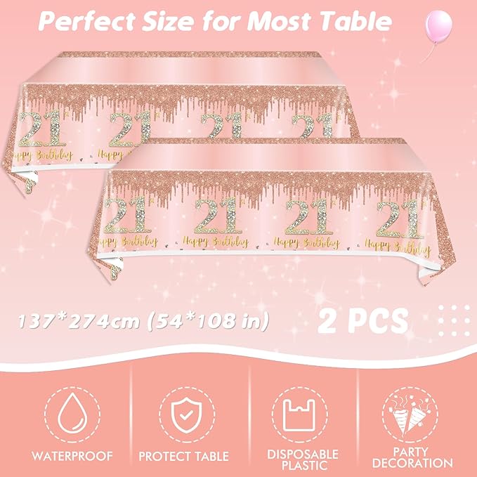 62Pcs 21st Birthday Decorations for Girls Her, Rose Gold Birthday Party Supplies Include 40Pcs Plates 20Pcs Napkins and 2Piece Tablecloth, Rose Gold Sweet 21 Party Tableware for 20 Guests