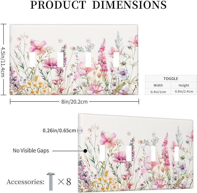 Pink Floral Wild Flowers Watercolor Plants Light Switch Covers Quad Toggle Electrical Faceplate 4 Gang Wall Plate Decorative Switch Plates Cover for Bedroom Living Room Decor
