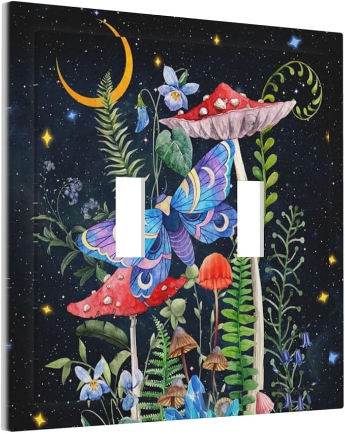 Black Boho Witchy Hippie Mushroom Moth Snail Decorative 2-Gang Decorator Outlet Light Switch Wall Plate Cover Double Toggle Size Starry Gothic Bohemian Moon Night Stars Electrical Receptacle Faceplate