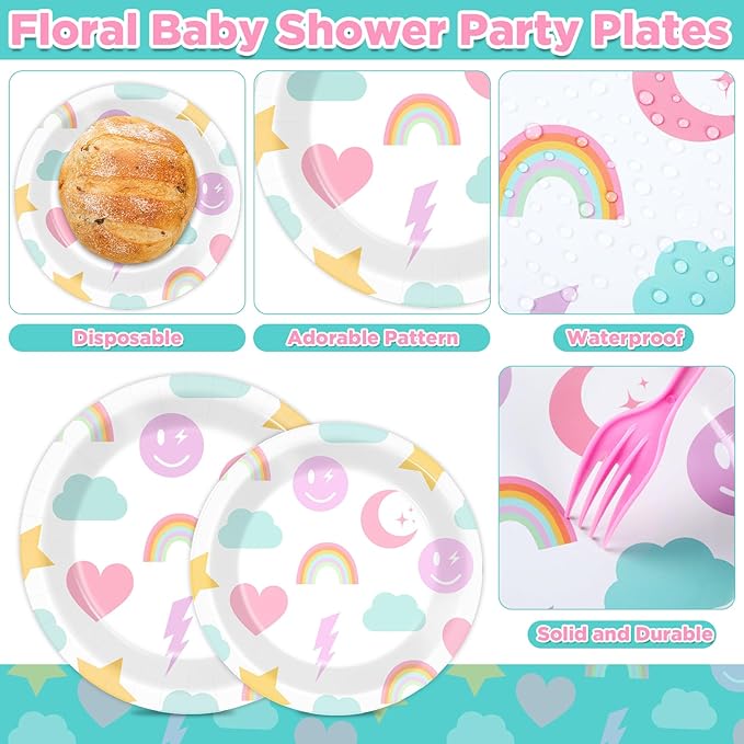 96Pcs Pastel Rainbow Party Plates and Napkins for Smlie Face Preppy Birthday Supplies Unicorn Themed Paper Dessert Plates Smile Tableware Set for Kids Boys 24 Guests Birthday Party Decorations