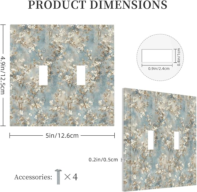 Decorative Light Switch Cover Plate Rustic Blue White Plum Blossom Flower 2 Gang Outlet Covers Double Toggle Wall Plates for Electrical Switch Plate Covers Faceplate for Bedroom Decor