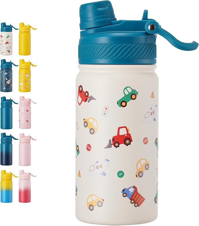 Fijinhom 12 oz Kids Water Bottle, 2-in-1 Stainless Steel Vacuum Insulated Water Bottle for Toddler, Leak Proof Spout & Straw, Double Wall Thermal Flask for Boys&Girls, School, Outdoor, Travel (Car)