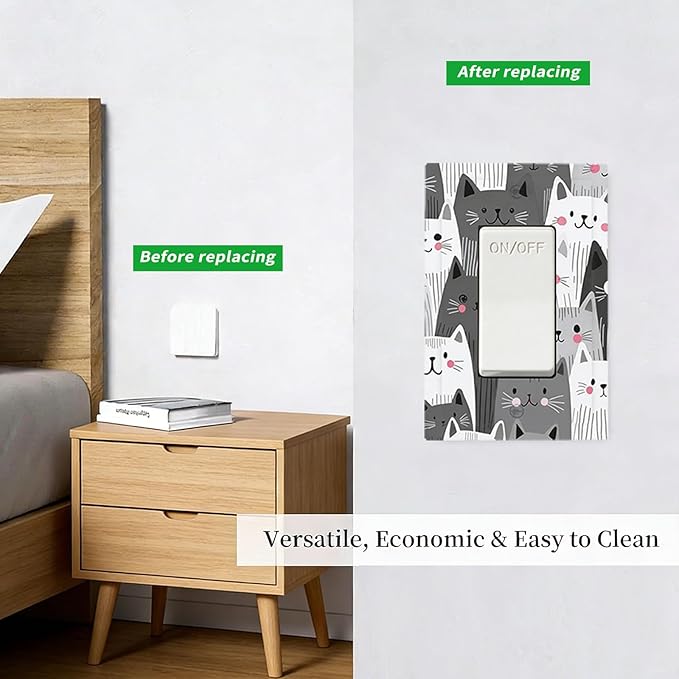 Playful Monochrome Cats with Blush Cheeks Single Rocker Switch Cover - 1-Gang Standard US Size Funny Cat Light Switch Covers for Boys & Girls Bedroom Decor