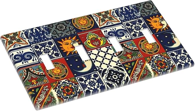 Boho Moroccan Mandala Mexican Tiles Decorative 4 Gang Quad Toggle Light Switch Cover Electric Large Size Quadruple Faceplate Decorative Switch Face Wallplate