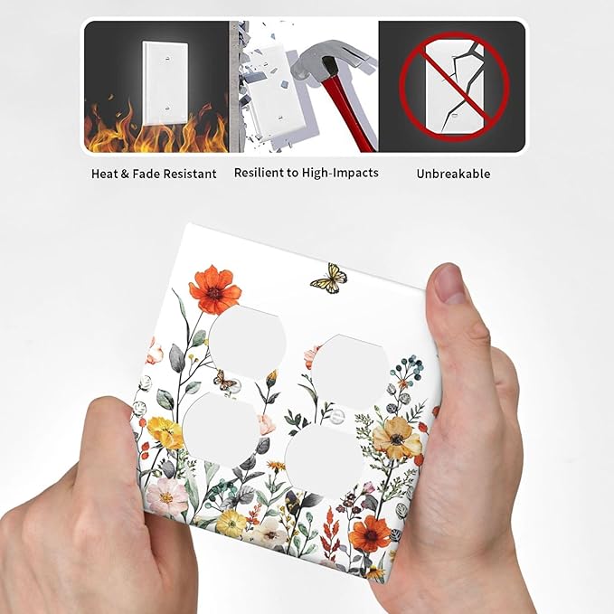 Colorful Country Vintage Floral Butterfly Flowers 2-Gang Device Duplex Wall Plate, Rural Watercolor Wildflower Decorative Two Gang Double Duplex Receptacle Socket Outlet and Light Switch Cover Plate