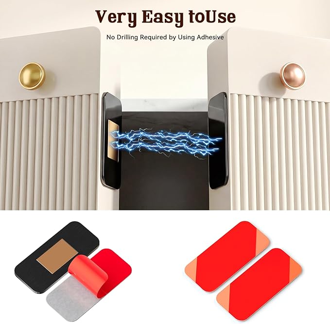 PHIXBEAR No Drill Magnetic Cabinet Door Catch with Adhesive – Stainless Steel, Adhesive Drawer Magnets for Kitchen Cabinets, Bathroom, RV – No Screws Needed 1.6” x 0.8” 4 Pack Black