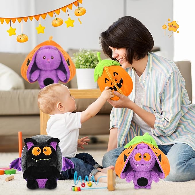 MIAODAM Bat Stuffed Animal, 11inch Reversible Pumpkin Bat Plush, Cute Plushies Toy Gift for Kid Toddler Girls Boys