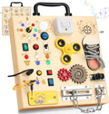 Wooden Busy Board with LED Light，Montessori Baby Learning Toys for Toddlers , Sensory Activity Board , Travel Educational Toy Boy & Girl Birthday Gift (Black Handle)