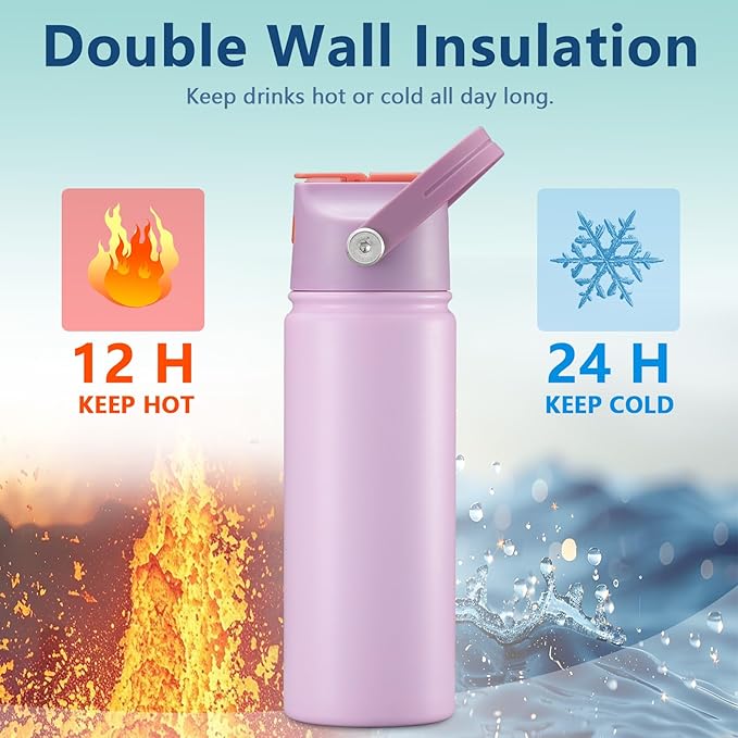2 PACK 18 OZ Water Bottle for Kids, Stainless Steel Double Insulated Sports Water Bottle, Leak Proof Straw Cup for School, Gifts and Travel, BPA Free (Light Pink, Dark Blue)