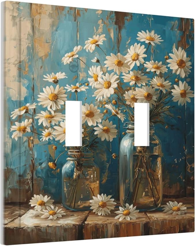 Delicate White Daisy Jars Retro Wood Background Decorative Switch Plates 2 Gang Double Toggle Outlet Light Switch Cover Wall Plate Electrical Faceplate for Farmhouse Home Decor