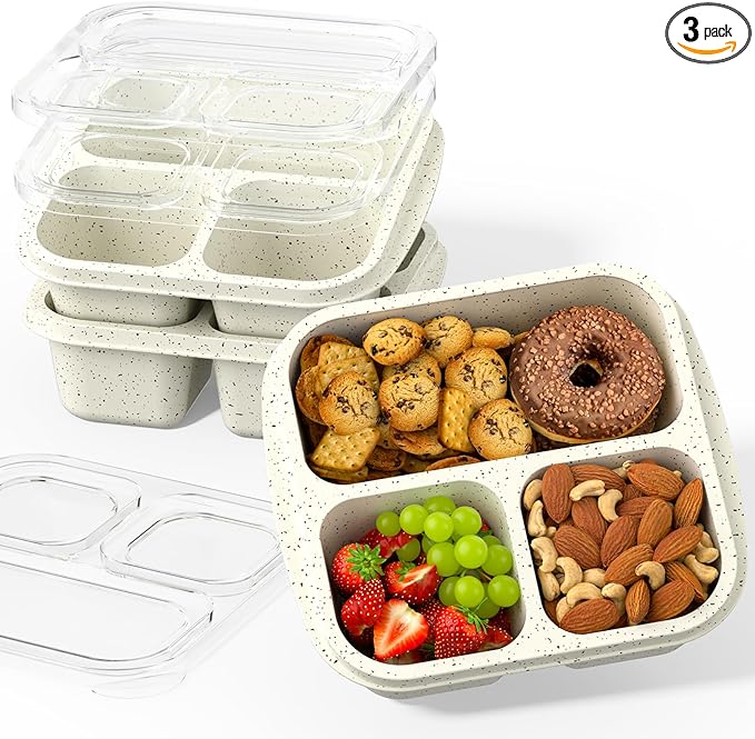 Snack Boxes (3 Pack) - Stackable Bento Boxes with 3 Compartments, Meal Prep Containers Reusable, Lightweight Lunch Containers for Kids and Adults, BPA Free (Off White)