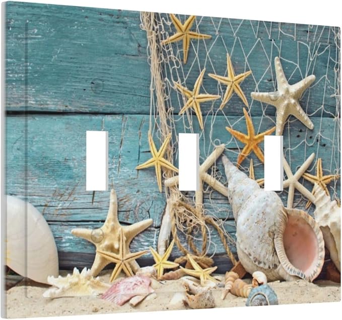 Nautical Beach Starfish Teal Wood 3 Gang Light Switch Plate Decorative Triple Toggle Wall Plate Cover Electrical Faceplate for Bathroom Home Living Room Decorate