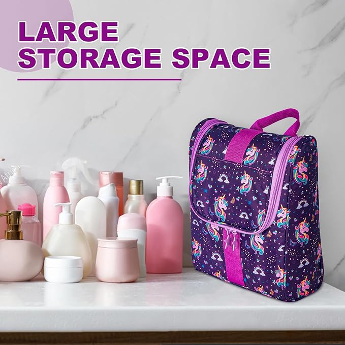 Remobia Hicol Cute Cartoon Hanging Kids Toiletry Bag Children Travel Cosmetic Makeup Organizer Wash Bag Shower bag Over Night Bag Camping Shaving Kit Bag for Boys & Girls(Unicorn)