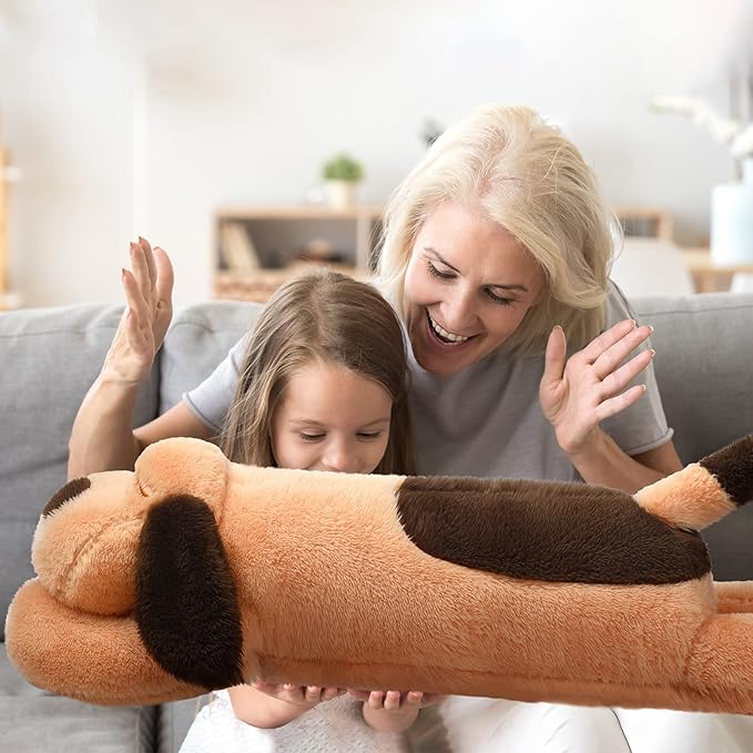 Queekay Dog Body Pillow Stuffed Animals Plush Long Body Pillow for Dogs Large Sleeping Hugging Puppy Cushion Gift for Birthday Party(23.6 Inch,Brown)
