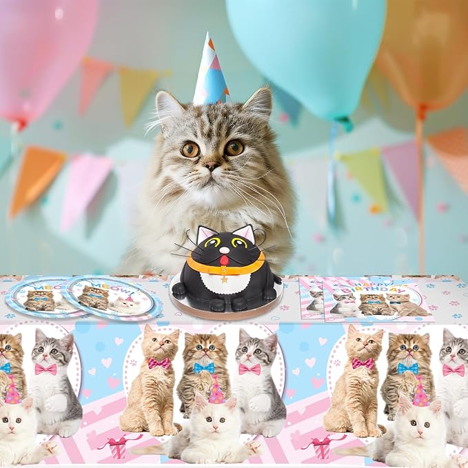 41Pcs Cat Party Supplies - Kitten Birthday Party Table Decorations Include 20 Paper Plates, 20 Napkins and 1 Tablecloth
