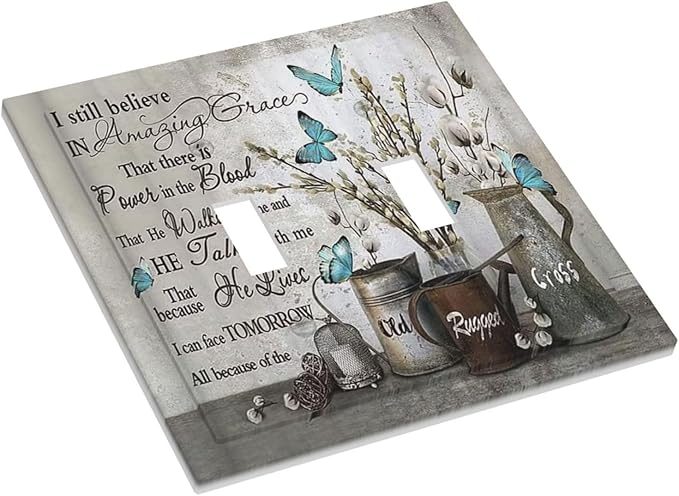 Blue Butterfly Rustic Flower Inspirational Quotes Double Toggle Light Switch Covers 2 Gang Wall Plate Dual Decorative Switchplate Electrical Faceplate for Farmhouse Country Bedroom Kitchen Decor