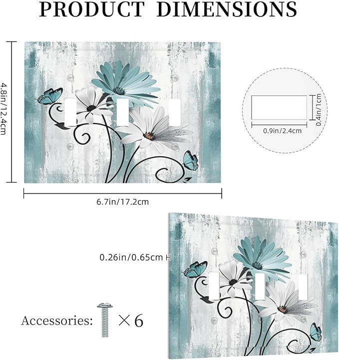 Light Switch Cover Plate Teal Daisy Floral Butterfly Vintage Wood 3 Gang Triple Toggle Decorative Switch Plates Wall Plates Electrical Switchplate Faceplate for Bathroom Bedroom Decor