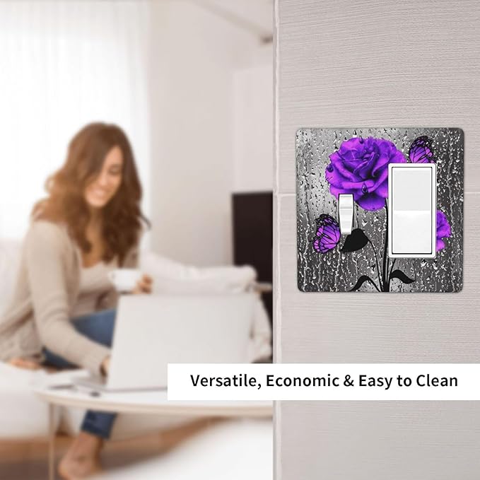 Romantic Purple Butterfly Rose Flower 2 Gang Single Toggle/Decorator Combination Light Switch Cover Decorative Combo 1-Toggle/1-GFCI/Rocker Wall Plate Cover