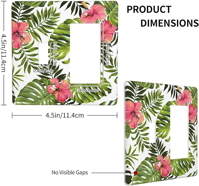 Tropical Plant Green Palm 2 Gang Light Switch Cover Decorative Combination Wall Plate Banana Leaves Pink Flower Rainfores Jungle Botanical Single Toggle Rocker Electrical Faceplate for Kitchen Home