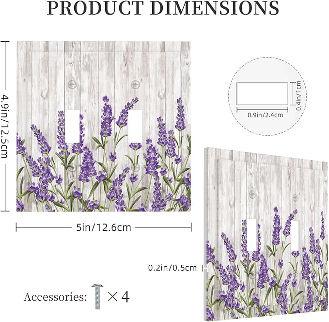 Purple Lavender Rustic Wooden Flowers Floral Plant Decorative Switch Plates 2 Gang Double Toggle Outlet Light Switch Cover Wall Plate Electrical Faceplate for Farmhouse Living Room Decor