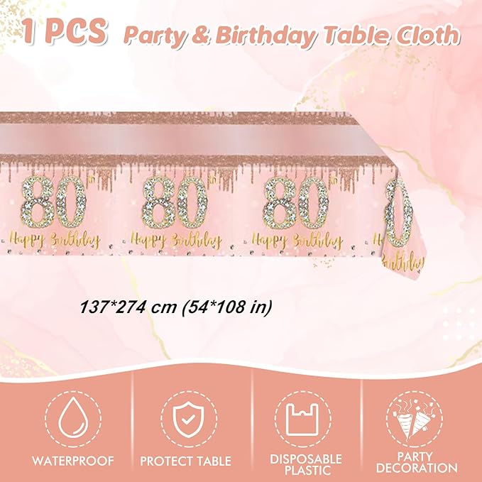 Ryzovo 41Pcs 80th Birthday Decorations, Rose Gold Birthday Party Supplies Include 20Pcs Plates 20Pcs Napkins and 1Piece Tablecloth, Sweet Eighty Year Old Birth Party Tableware for Girl Ladies Women