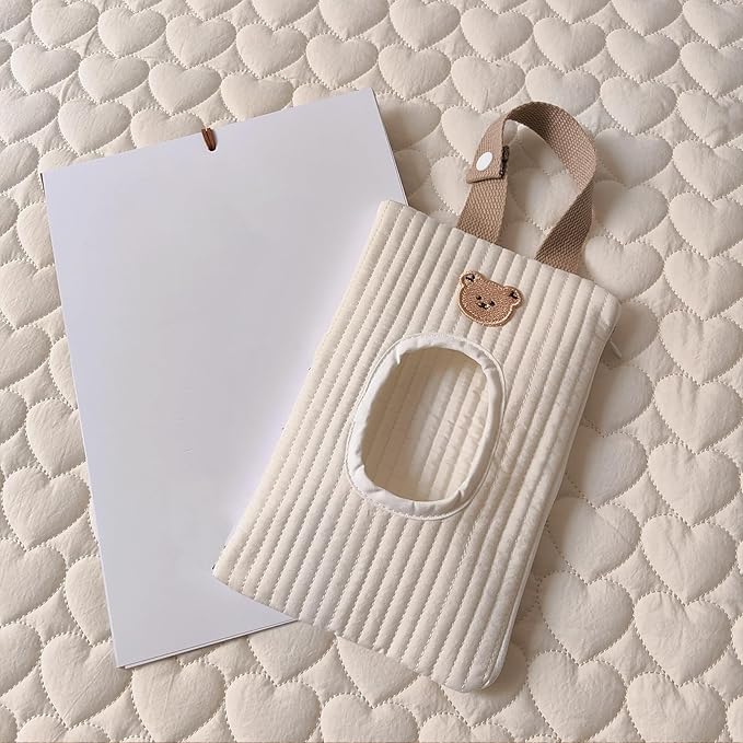 Quilted Baby Diaper and Wipes Pouch Portable Mommy Bag for Stroller Reusable Wipes Pouch with Lanyard for Casual Travel (White Bear)