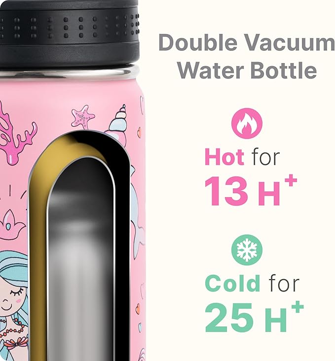 16 oz Stainless Steel Vacuum Insulated Wide Mouth Sports Water Bottle for Back to School-Reusable Metal Water Bottle Flask for Girls-Mermaid