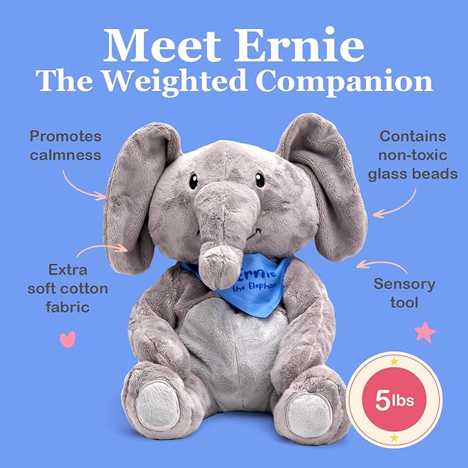 Lilly's Love Weighted Stuffed Animals for Adults & Kids — 5lb Calming Elephant Plush for Anxiety, ADHD & Sensory | Machine Washable Weighted Stuffed Animal w/Removable Insert | Ernie The Elephant