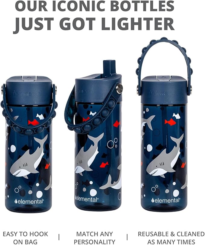 Elemental Leak Proof Water Bottles for Kids - Splash Kids Water Bottle for School with Pop-it Handle - Tritan Plastic Water Bottle with Straw - Shark & Black - 18oz (2 Pack)