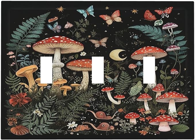 Cartoon Floral Mushroom forest Butterfly Flowers Decorative Switch Plates 3 Gang Wall Plate Faceplate Electrical Wall Panels Triple Toggle Light Switch Cover for Bedroom Kids Room Decor