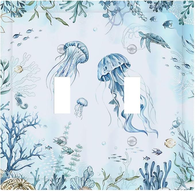 Decorative Switch Plates Jellyfish Teal Blue Ocean Turtle Coastal Beach 2 Gang Double Toggle Wall Plate Outlet Light Switch Cover Electrical Faceplate for Bedroom Bathroom Decor
