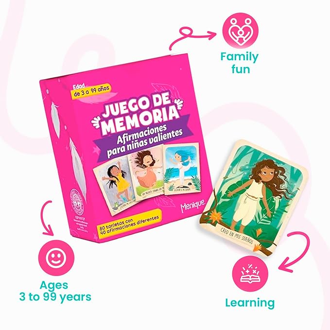 Menique Brilla Memory Matching Game – Spanish Edition – 80 Cards (40 Pairs) with Positive Affirmations for Brave Girls – Mindful Matching Game in Spanish for Confidence and Self-Love